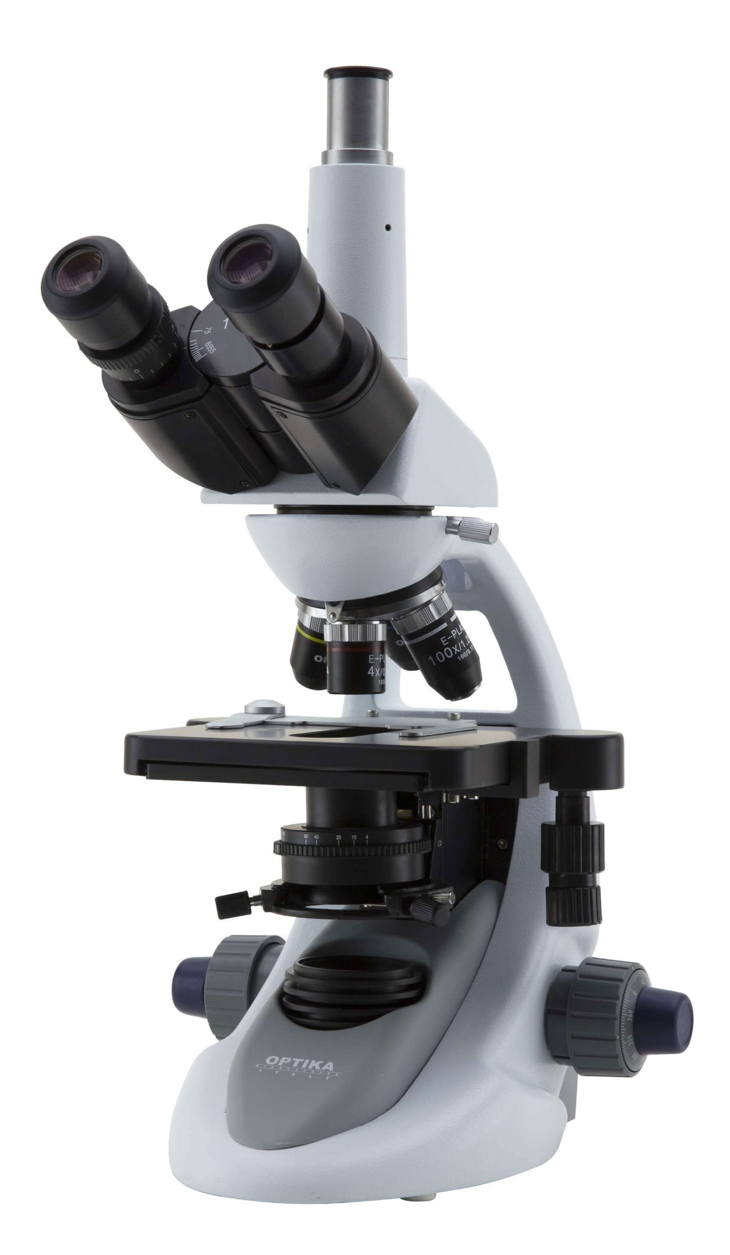 Trinocular microscope 1000x, E-PLAN objectives, belt drive stage, X-LED illumination