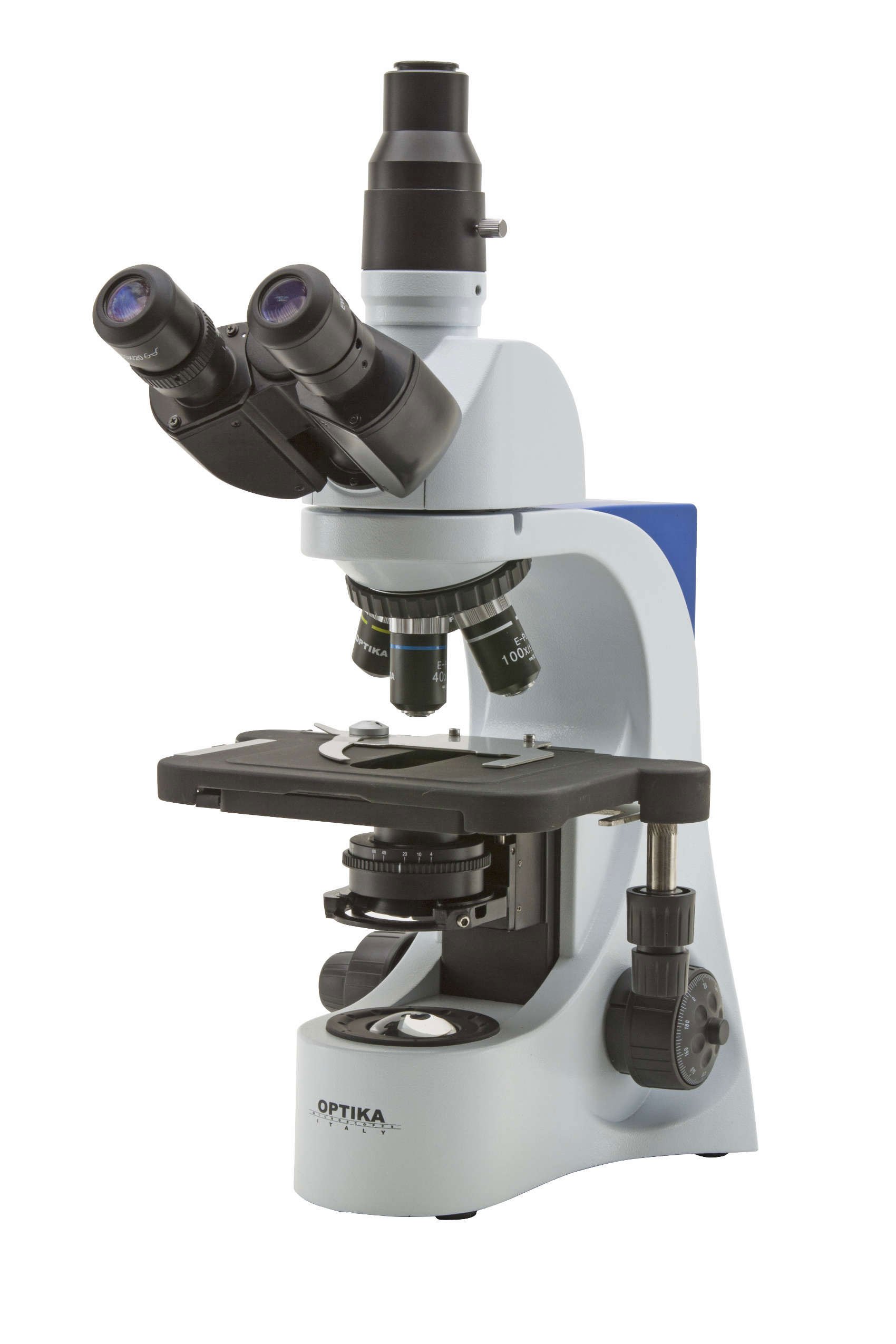 Trinocular microscope, E-PL IOS objectives, belt drive stage